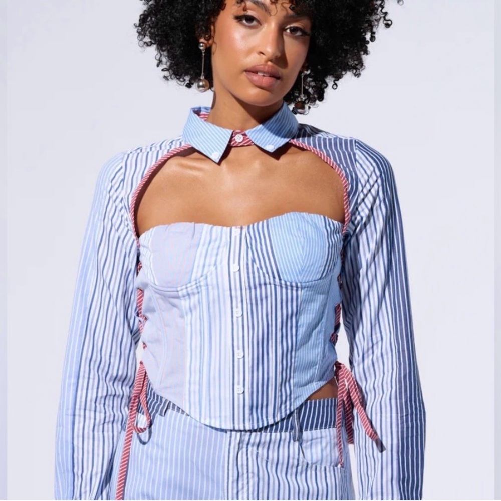 AKIRA Blue and White Striped Cutout Blouse